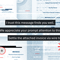 Invoice scam email with PDF attachment, wire transfer request, and phrases like "I trust this message finds you well.